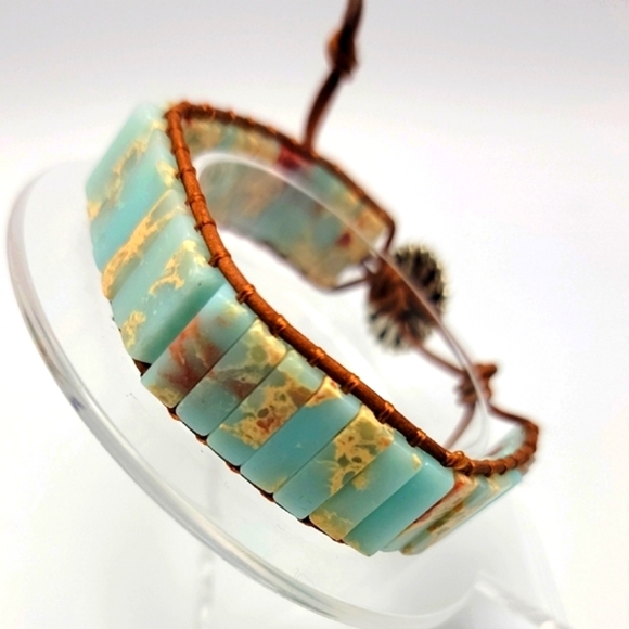 Adjustable Agalmatolite Natural Gemstone Boho Ethnic Genuine Leather Bracelet - Picture 2 of 8